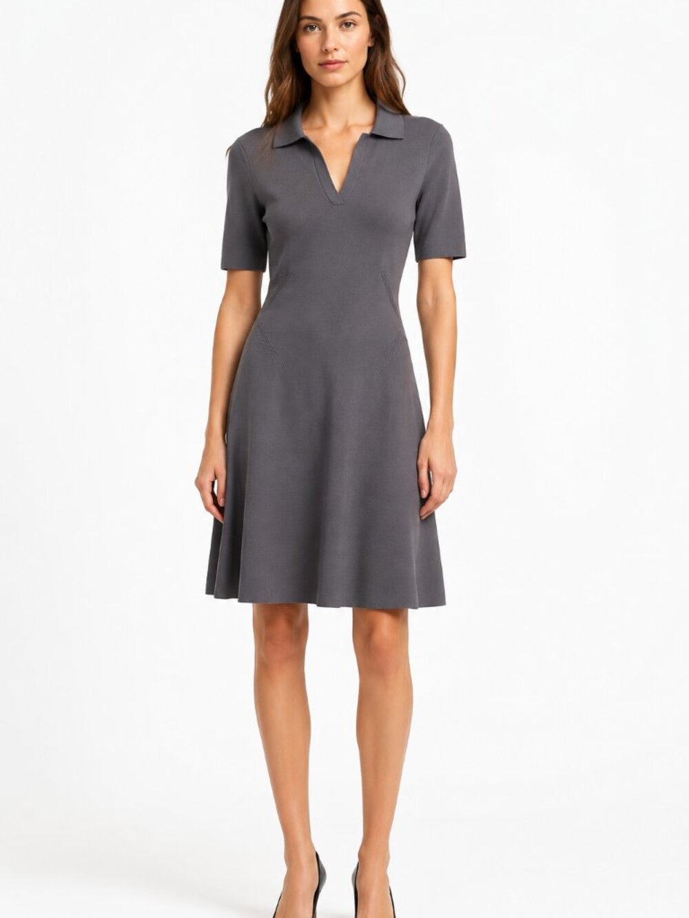 BOSS Hugo Boss Grey Fine Knit Polo Collar A-Line Sweater Dress - Size L